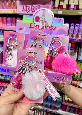Kit Lip gloss com pompom Bobbi rara chaveiro