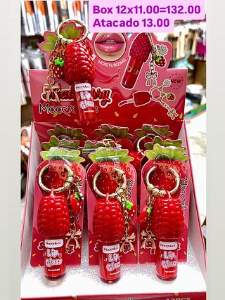 Lip gloss morango com chaveiro